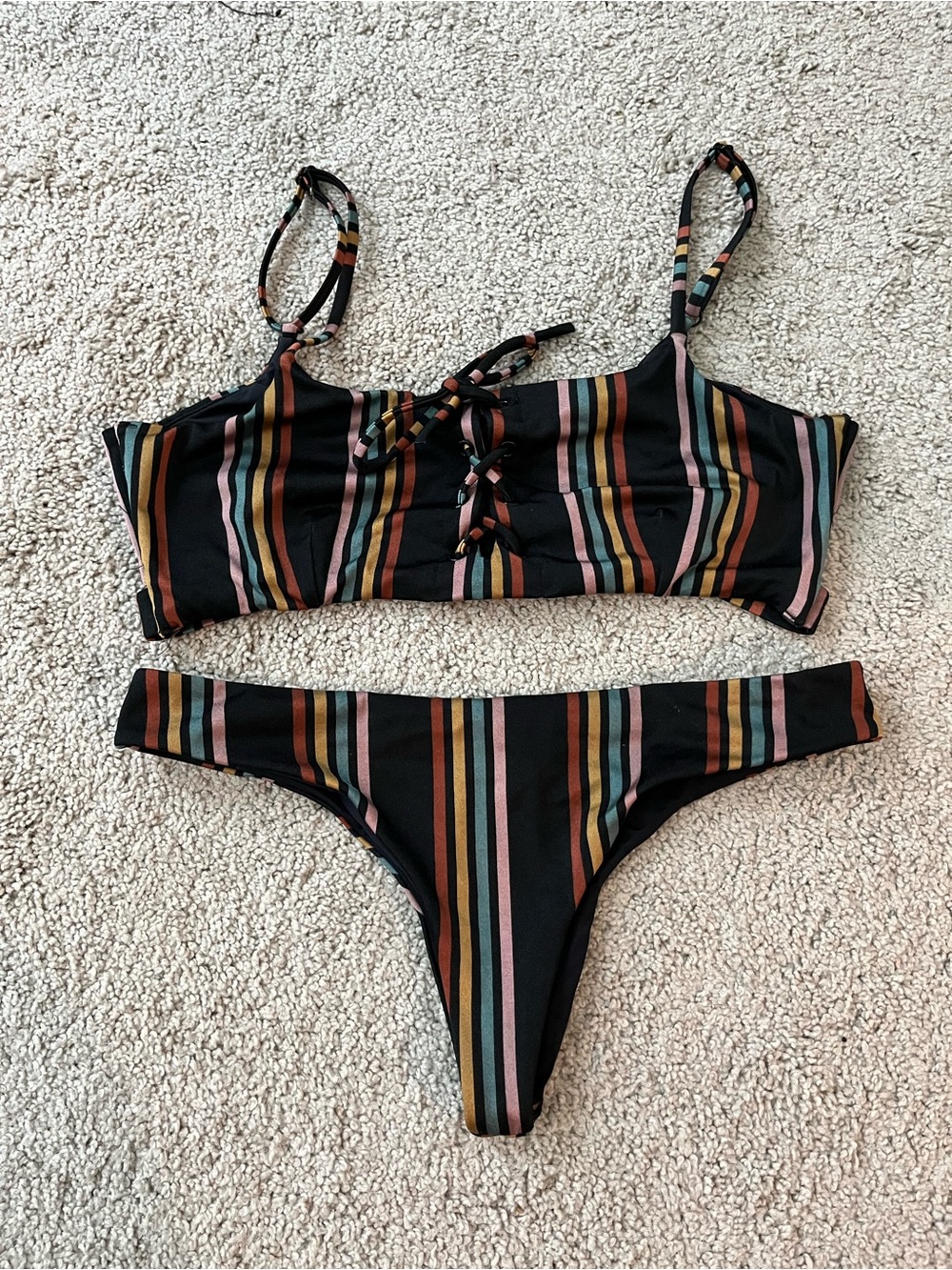 RVCA Black Bikini Set with Pink, Teal, Mustard, Rust Stripes